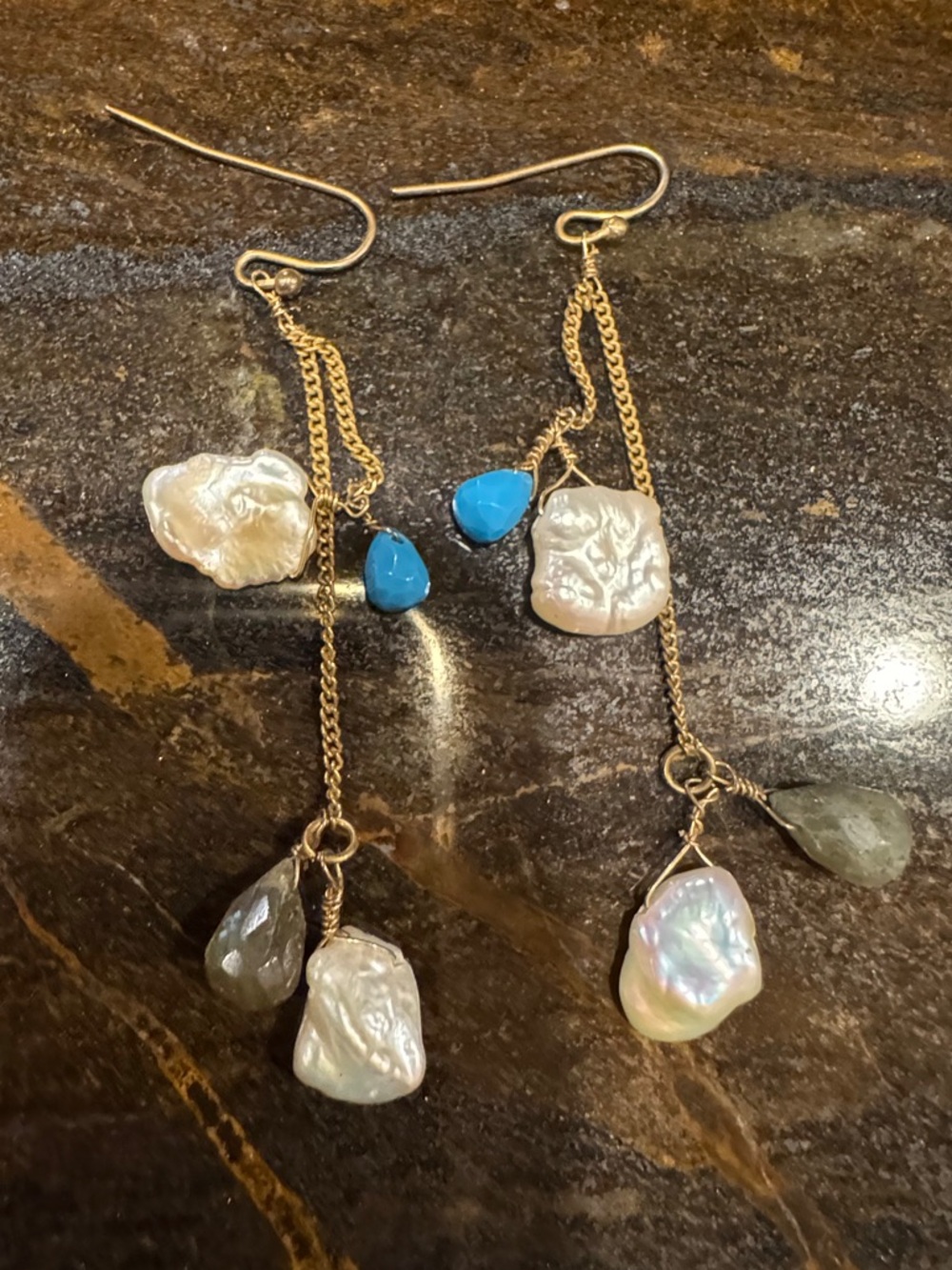 Boutique Beachy Summer Gold Chain Drop Earrings with Turquoise and Pearl Accents
